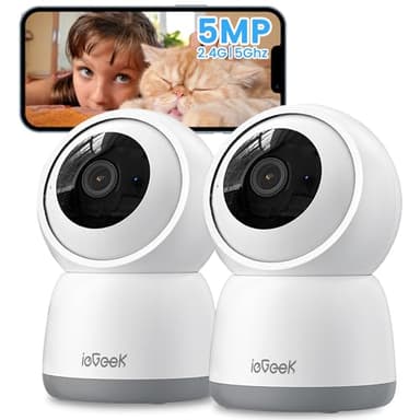 ieGeek 5MP Caméra Surveillance WiFi Interieur 2.4Ghz/5Ghz, 360°PTZ Caméra Interieur pour Bébé/Senior, Enregistrement 24H, Suivi Auto, Détection Humaine/Bruit, Alarmes(2PCS)