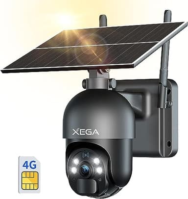 Xega 3G/4G LTE caméra de sécurité extérieure sans Fil à énergie Solaire, inclinable à 355°/95°,2K capteur de Mouvement PIR, Vision Nocturne, Conversation bidirectionnelle, Carte SIM Incluse.