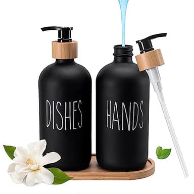 Ensemble élégant de distributeurs de Savon en Verre avec Plateau - Décoration Noir et Blanc pour Salle de Bains et Cuisine - Capacité de 500 ML (Noir)