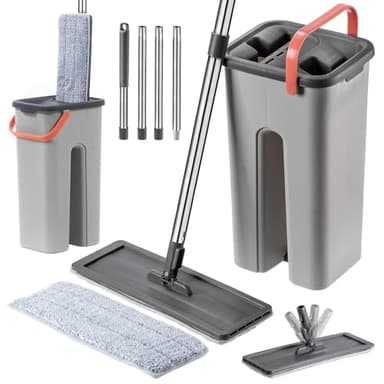 KADAX Ensemble de Nettoyage avec Balai de Lavage Plat à Manche Long, Seau Essoreur à Double Compartiment et Deux Housses Serpillières en Microfibre (Gris)
