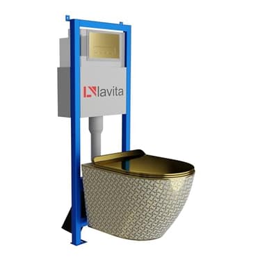 Lavita LAV 101 Élément mural pour WC 40 cm + évier mural suspendu profond Sofi Slim Gold Never Die sans bord + panneau de commande LAV 200.3.5 Gold | Kit complet | Réservoir de chasse encastré | WC