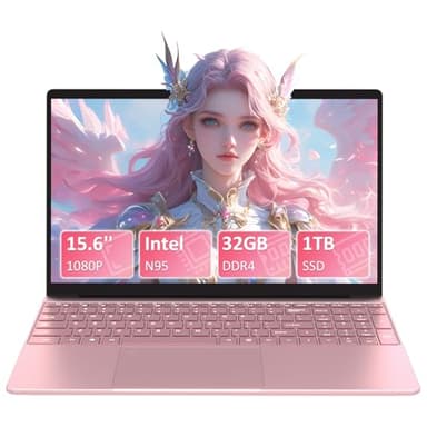 Auusda Ordinateur Portable 15.6 Pouces, 32 Go de RAM DDR4 1 to SSD,Celeron N95(jusqu'à 3,40 GHz),avec déverrouillage des Empreintes digitales, Webcam, 1920 x 1080 IPS,Pc Portable Pas Cher-Rose