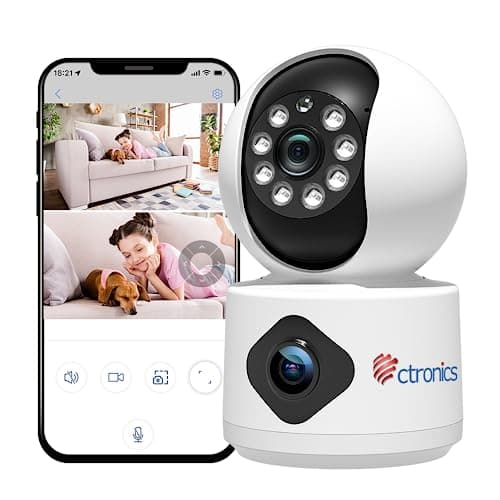 Ctronics Caméra Surveillance Intérieur Double Objectif, 360° PTZ Caméra Intérieur Double Vue, Détection Humaine/Mouvement, Suivi Automatique, Vision Nocturne IR, WiFi 2,4 GHz, Audio Bidirectionnel