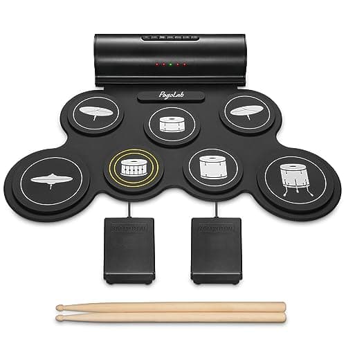 POGOLAB Batterie Electronique, 7 Roll up Drum Pad Batterie avec BT Connexion Prise Casque USB MIDI, Enceinte Intégré, Batterie Musique Cadeau avec Baguettes de Batterie/Pédales pour Débutants