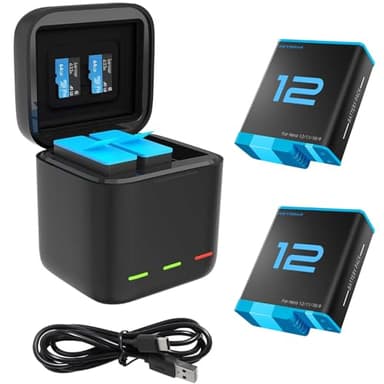 REYGEAK Lot de 2 Batteries et 3 canaux Chargeur Rapide pour GoPro Hero 12 Hero11/10/9 Entièrement Compatible avec Chargeur d'origine Hero 12/11/10/9 et Batteries(Chargeur +2 Batteries)