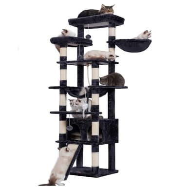Heybly Arbre à Chat, Hauteur 200 cm, avec 11 Griffoirs, 2 Plate-Forme, 1 Planche à Griffer, Niche, Panier, Hamac, 3 Pompons, Multi-Niveaux pour Chat d'Intérieur, Gris Anthracite HCT033G
