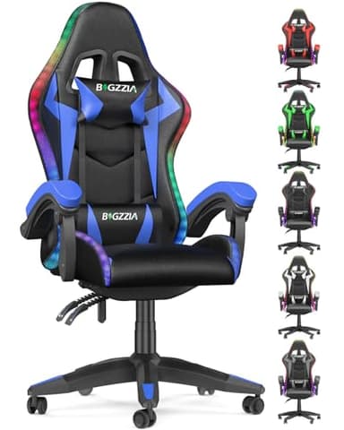 bigzzia Ergonomique Chaise Gaming avec éclairage LED Effets, Dossier Hauteur Réglable, Fauteuil Gaming LED avec Lombaire&Appui-Tête Appui, Chaise de Bureau Adultes Enfants (avec LED Effets, Bleu)