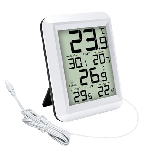 Urageuxy Thermomètre numérique intérieur/extérieur avec câble étanche de 2 m, enregistrement min/max et sonde pour maison, bureau, serre, aquarium, réfrigérateur