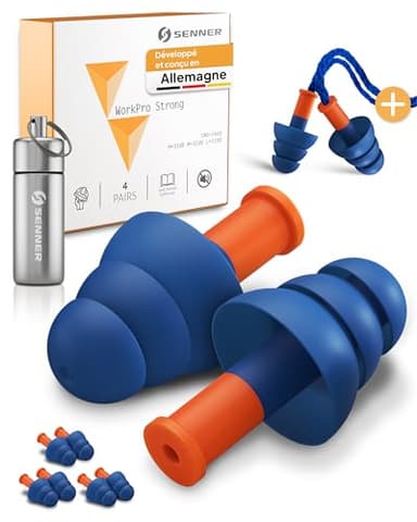 Senner ® WorkPro Strong | Bouchons travailler - Idéaux pour les sources de bruit élevé - Protection auditive au travail et à la maison - 3 paires supplémentaires + cordon nylon & boîtier en aluminium