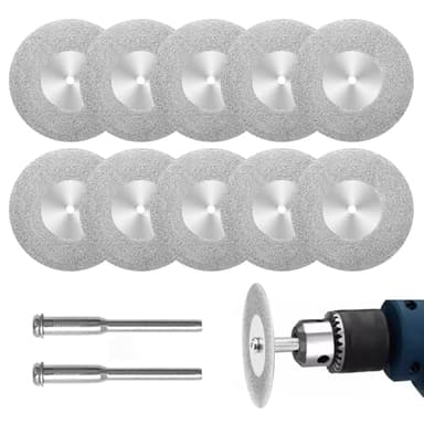 Lot de 10 Disques Diamant, 40mm Mini Disques à Tronçonner Perforés avec 2 Mandrins Disques à Tronçonner Découpe Outils Rotatifs pour Métal Verre Carrelage Céramique Bois Porcelaine Plastique Pierres