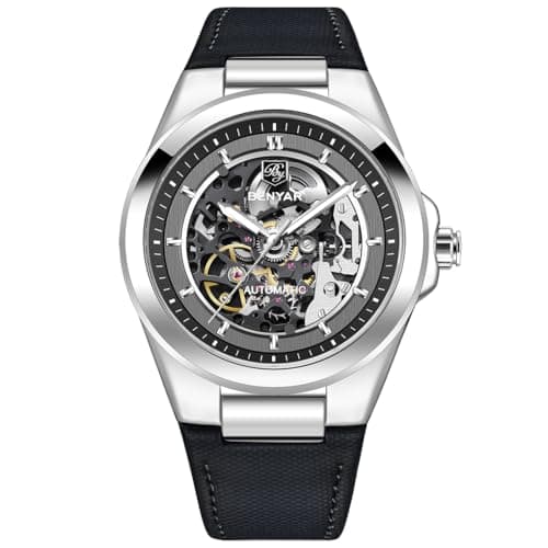 DAOLVEN BY5207 Montre Squelette Automatique pour Homme à remontage Automatique Bracelet en Cuir Étanche jusqu'à 50 m, Noir