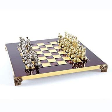 Manopoulos Échec - Thème Antiquité Grec-Romain, 2 Joueurs, Âge 7 Ans et Plus, Édition Standard, Argent, Doré, Bronze et Bois, 28 cm x 28 cm, Red-Brass, Handmade in Greece