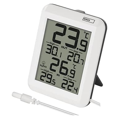EMOS Thermomètre numérique d'extérieur/intérieur avec capteur de câble de 0,9 m et fonction mémoire 24 h, °C/°F, fonctionne avec piles