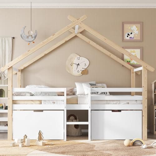 Lit cabane Enfant 90x200,lit mi Hauteur,lit cabane avec Toit,clôture à Quatre côtés, avec escalier, 2 casiers à roulettes, pin + MDF, Blanc + Naturel