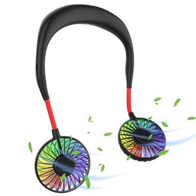 Ultralent Ventilateur de cou USB - Silencieux - 3 vitesses - Lumière LED - Portable - Pour l'extérieur, l'intérieur, le camping, les voyages, le sport - Noir et rouge