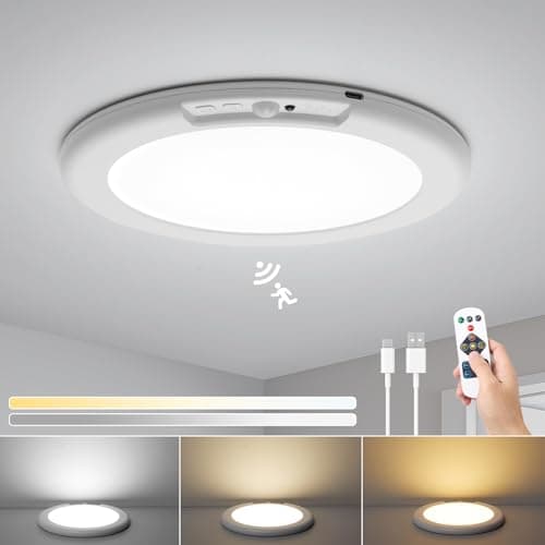 Combuh Rechargeable Plafonnier LED Detecteur de Mouvement, 3000K~6500K Dimmable Luminaire Plafonnier Sans Fil USB, Ø19CM Rond Lampe Plafond avec Télécommande pour Salle de Bain Garage Couloir Chambre