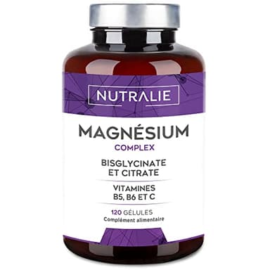 Magnésium Bisglycinate + Citrate - 2145mg - Vitamine B6 B5 C - Fatigue Stress - Magnesium BIO-disponible - Citrate de Magnésium et Magnesium Bisglycinate - 120 Gélules - Nutralie (Sans goût)