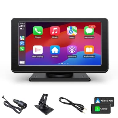 KooDux Autoradio Portable sans Fil Carplay et Android Auto, écran Carplay stéréo HD de 7 Pouces avec Bluetooth, Commande vocale, AUX, FM, Airplay, Lecture vidéo, Navigation GPS