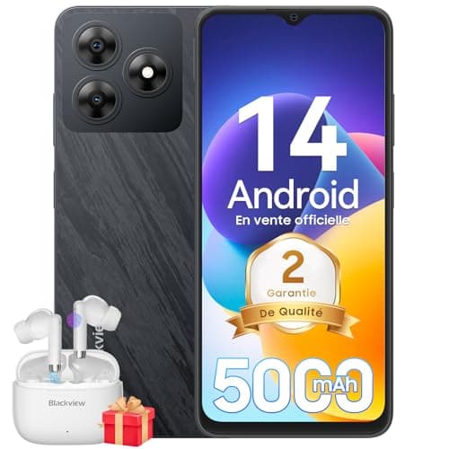 Blackview Wave 8C Android 14 téléphones Portables débloqués, Écran 6.56" Smartphones Pas Cher 4G, 6Go+64Go/TF-2To, Octa Core, 13MP+8MP, Batterie 5000mAh, Double SIM/Face ID/GPS/2Ans Garantie