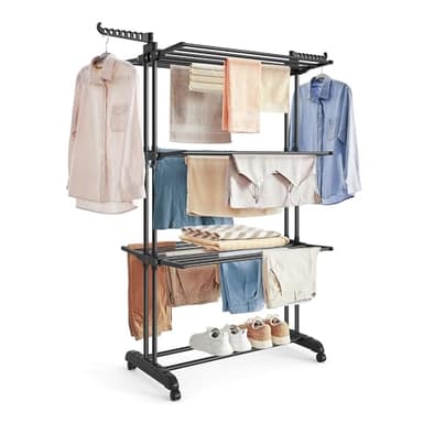 SONGMICS Étendoir à Linge, Séchoir Mobile à 4 Niveaux, avec roulettes, Pliable, 63,5 x 128 x 173 cm, Grande Capacité, Montage Facile, Utilisation Intérieure et Extérieure, Noir d'encre LLR701B01