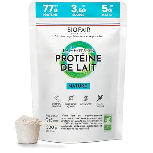 BIOFAIR NUTRITION - Whey Protéine Bio - Saine, 100% Naturelle et Issue de Nos Pâturages Français - Nature, Goût Neutre - 500 Gr