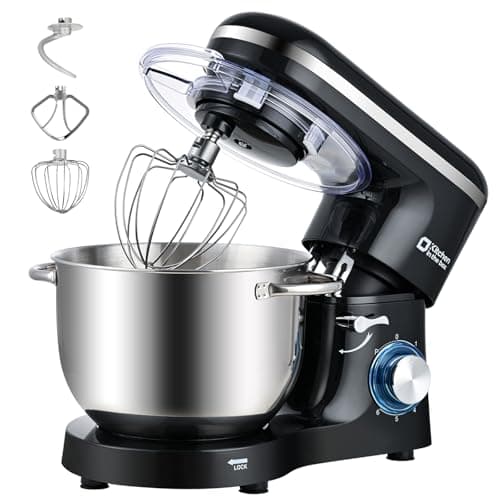 Kitchen in the box Robot Pâtissier 1400W, Bol 6,2L en Acier Inoxydable, 6 Vitesses, Fouet, Crochet et Batteur Inclus, Idéal pour Pâtisserie et Boulangerie (Noir)