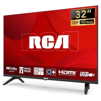 RCA TV 32 Pouces (80 cm) sans Bord LED HD Téléviseurs avec Triple Tuner (DVB-T/T2-C-S/S2), HDMI, CI+, Lecteur Multimédia USB, Mode Hôtel, Dolby Audio (NRB32HQ1, 2024)