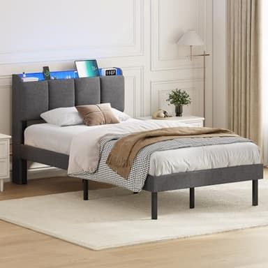 AOGLLATI Lit 1 Personne 90 × 200 cm, Lit Rembourré avec LED et Multiprise, Espace de Rangement, Sommier à Lattes, Tête de Lit Capitonnée, Lit Moderne pour Adolescents (90 x 200 cm)