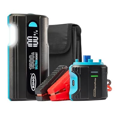 Ring Ultraboost Démarreur de Batterie de Voiture 1500 A – Démarre en Toute sécurité jusqu'à 6 litres d'essence et Moteurs Diesel de 3 litres – Booster de Batterie avec câbles de démarrage, Batterie