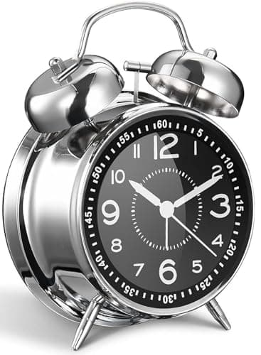 Réveil fort pour adultes dormeurs lourds, en métal de 10,2 cm, double cloche à piles, pour décoration de chambre, silencieux, sans tic-tac (argenté)
