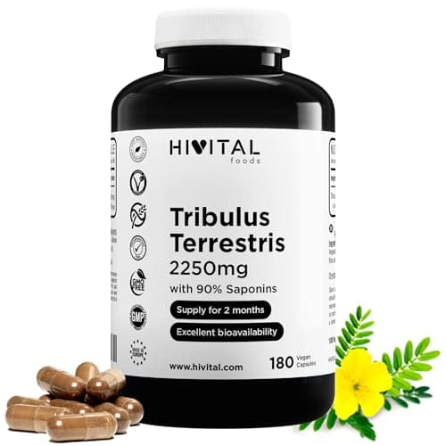 Tribulus Terrestris 2250 mg. 180 gélules vegan pour 2 mois de traitament. Extrait naturel à 90% de saponines à haute teneur en principe actif. Fabriqué en Europe par HIVITAL