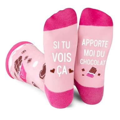 DPKOW Chaussettes Femme, Idee Cadeau Femme Original Utile, Chaussettes Coton Humour, Femme Cadeaux d'Anniversaire Noël Saint-Valentin Chaussettes SI TU VOIS ÇA APORETE MOI DU CHOCOLAT, Rose