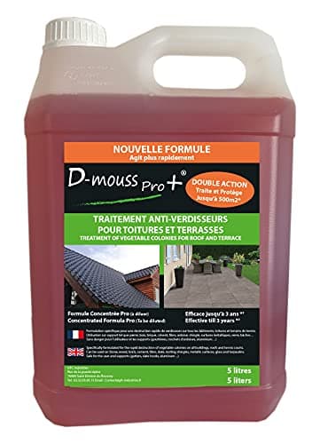 D-MOUSS PRO Anti Mousse Concentré Bidon 5L jusqu'à 500 m², Anti-Verdissure et Anti-Dépots Verts, Usage Multi Support (Toiture, Terasse, Façade, Pavé)