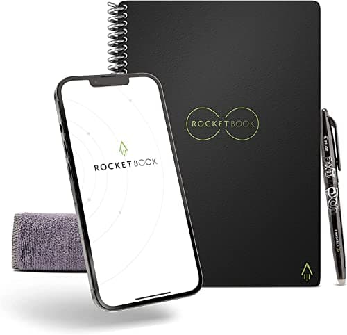 Rocketbook Core Cahier de Note Effacable - Réutilisable Bloc Note Numerique, Notebook A4 Noir Carnet Spirale Page Blanche à Pointillé, Stylo Effacables Pilot Frixion Inclus, Gadget Insolite Utile
