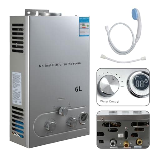 Chauffe-Eau à Gaz GPL, Chauffe Eau Instantané Gaz, Modes Hiver Et éTé, Protection Contre La Surchauffe, Avec Pomme De Douche Et Plomberie, Pour La Maison, ExtéRieur, Camping Car (6L, 12kw)