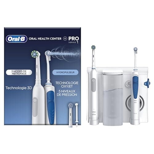 Oral-B Oral Health Center Hydropulseur Dentaire et Brosse à Dents Électrique Pro Series, Jet Dentaire, 1 Canule Oxyjet, 1 Canule Water Jet, 4 Jets d'Eau et 5 Pressions, 2 Brossettes, Rechargeable