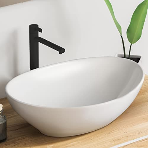 VMbathrooms Premium Céramique lavabo ovale avec effet lotus | Vasque à poser pour la salle de bain et les toilettes d'invités sans trou pour robinet ni trop-plein | blanc pur, 41 x 33 x 14,5 cm