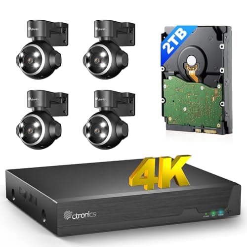 【4K 8MP+ 2TB HDD】 Ctronics Kit Caméra Surveillance 4K, 4X NVR POE Caméra Détection Animaux/Véhicules/Humains, Surveillance Vidéo 24/7 et Vision Nocturne IR 25M, Audio Bidirectionnel