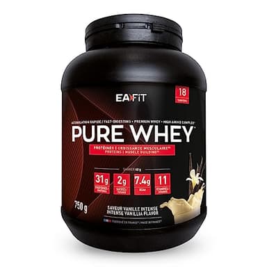 Pure Whey Vanille | EAFIT | Protéine | 31g de protéines Whey+7,6g de BCAA/shaker+magnesium | Musculation,Maintien et construction de la masse musculaire|Whey protein pour le sport | 750g