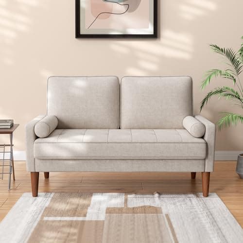 Vesgantti Petit Canapé 2 Places Ashbeige, Canapé en Lin 121cm avec Coussin à Ressorts, Mini Chambre Chambre avec Accoudoirs, Chambre de Salon Moderne, Causeuse Fixe 2 Places, Ashbeige Causeuse