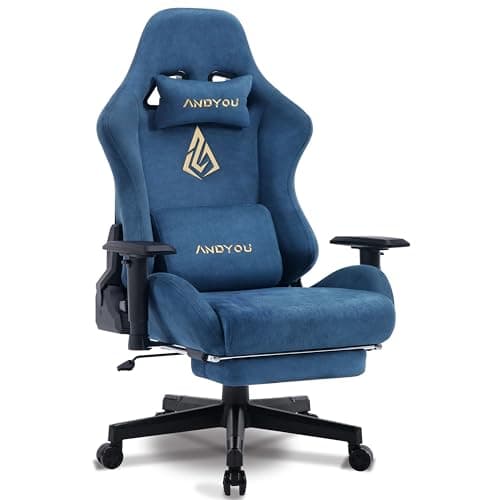 Andyou Chaise de Jeu, Chaise Gaming Ergonomique, Respirante Fauteuil Gamer, avec Repose-Pieds, Coussin Lombaire réglable, Oreiller et accoudoirs, capacité de Charge de 150 kg, Bleue