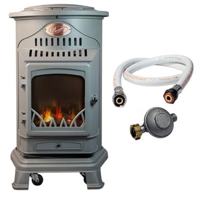 UNIVERSAL - Poêle à gaz Provence 3,4 KW Gris Effet poêle à bois Fonte véritable Chauffage d'appoint + Tuyau gaz et détendeur