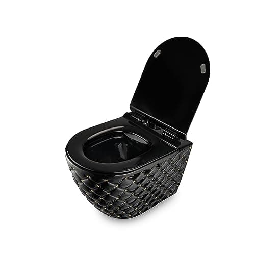 RD Luxury® | WC suspendu noir avec boutons dorés, ensemble mural complet sans rebord, design avec abattant Softclose, idéal pour les toilettes modernes des invités. Inclus : kit d'isolation phonique.