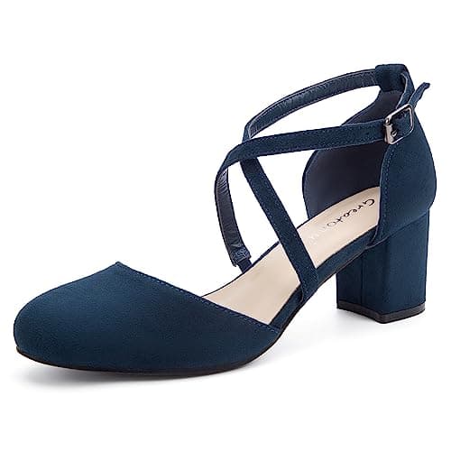 Greatonu Escarpins Bride Cheville Femme Escarpins Bloc Talons Pumps Femme Talon Haut avec Lanière Croisée et Bout Fermé - Parfait pour Les Mariages et Les fêtes-EU38-Bleu