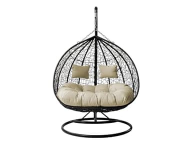 Mirjan24 Torn Fauteuil suspendu avec rembourrage et coussins, en polyrotin avec support, fauteuil suspendu d'extérieur pour 2 personnes, panier suspendu, 2 places (noir/crème)