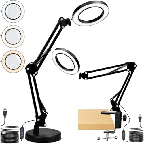 ALFFREUDE Lampe Loupe Lampe de Bureau avec Loupe 10X et LED avec Pince métallique et Bras pivotant, 3 Modes Couleur et 10 Gradateurs de Luminosité, Loupe Eclairante pour Artisanat Réparation