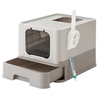Feandrea Bac à Litière Fermé, Maison de Toilette, Plateau Amovible, Pelle, Brosse, pour Grand Chat, Capacité de Charge 15 kg, Anti-Traces, Anti-fuites, Gris Clair et Gris Foncé PPT001G01