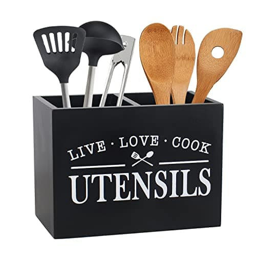 Karisky Porte-ustensiles de cuisine avec fond amovible - Grand compartiment - 2 compartiments - Organiseur d'ustensiles de ferme pour décoration de comptoir, 22,9 x 17,8 x 12,7 cm, noir