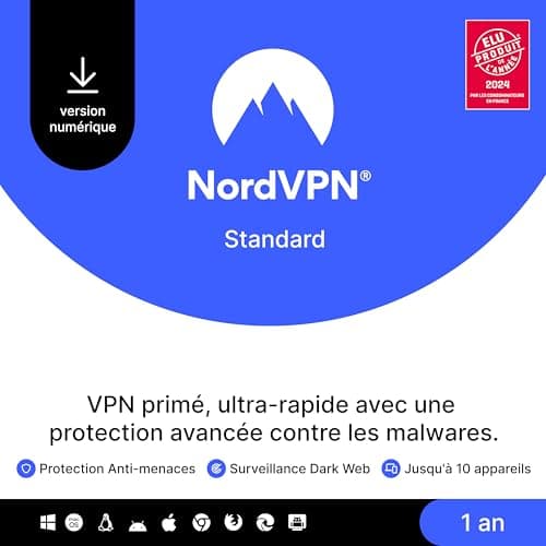 NordVPN Standard, 10 Appareils, 1 an, VPN & Cybersécurité, Code Numérique