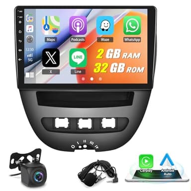 2G+32G Android 13 Autoradio pour Peugeot 107 Toyota Aygo Citroen C1 2005-2014 avec CarPlay sans Fil Android Auto,10 Pouces Écran Radio Voiture avec GPS Bluetooth WiFi FM/RDS USB+Caméra de Recul
